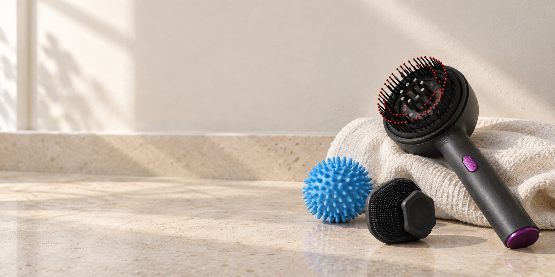 Scalp massage comb, blue massage ball and silicone facial brush on a natural stone counter